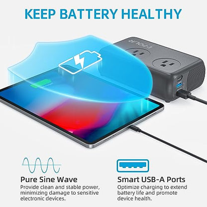 300W Car Power Inverter Pure Sine Wave with 60W PD USB-C, Power Inverters for Vehicles DC 12V to 110V AC, Car Inverter Power Outlet with XT60 Cable (Grey)