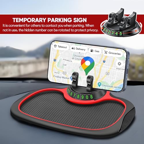 Wuyaoyao Multifunction Car Anti-Slip Mat Auto Phone Holder, PVC Car Dashboard Non-Slip Pad Phone Mount with Temporary Parking Number, Automotive Sticky Dash Pad for Phones, Keys, Gadgets (Black+Red) - color: Black+Red