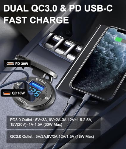 2PCS 78W 3Ports 12V USB Outlet with Voltmeter & Switch - PD3.0 & Dual QC3.0 Quick Charge Car Charger Socket, Aluminum Waterproof USB C Port for Boat Marine Motorcycle RV Truck ATV Golf Cart