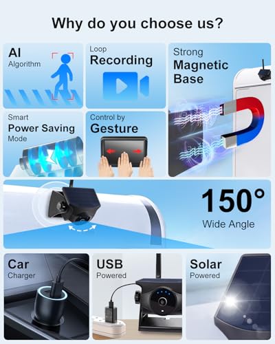 AI Magnetic Solar Wireless Backup Camera System 5" Monitor with Metal Plate
