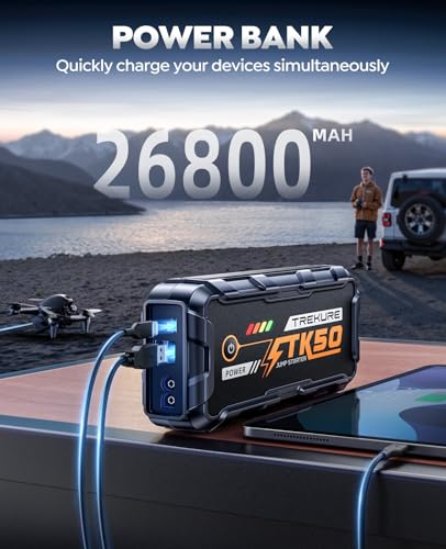 TREKURE Car Battery Jump Starter 8000A 26800mAh, Portable Car Jump Starter for All Gas and 12L Diesel Engines, Power Bank & Battery Jumper, Portable Jump Box Car Battery with Fast Charge, LED Light - color: Gray-blue