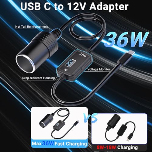 USB C to 12V Cigarette Lighter Adapter Max 36W Male to Car Female Socket