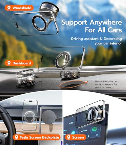 Meifigno Magnetic Car Phone Holder for Tesla Screen & Backplate,[All-Metal] 360° Rotation Vacuum Suction Cup Car Phone Mount for Magsafe, Foldable Car Phone Holders for Your Car for iPhone Android
