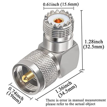 2PCS UHF PL259 Right Angle 90 Degree Coax Adapter, SO239 Male PL259 to Female Right Elbow Coaxial Connector Adapter, UHF Male to SO239 Female L Shape Coax Connector for CB Radio, Antenna, etc