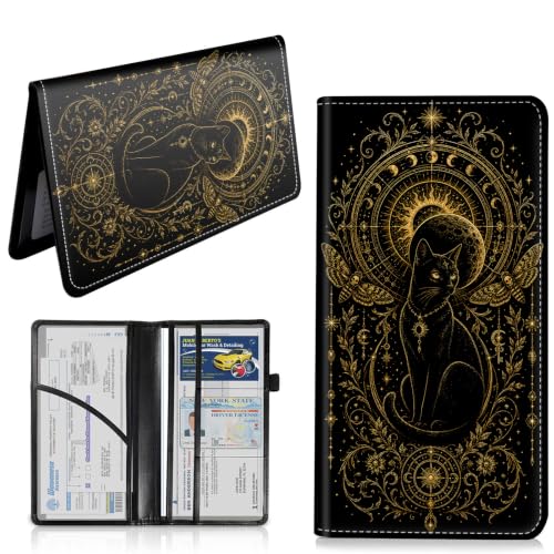 Car Registration and Insurance Card Holder Wallet, Gothic Celestial Black Cat Vehicle Document Organizer for Glove Box, Auto License & ID Card Holder Case, Slim Multi-Slot Car Paper Organizer - color: Gothic Celestial Black Cat