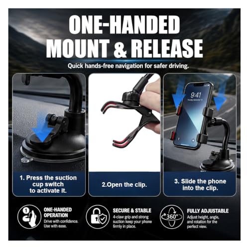 Car Windshield Suction Cup Phone Holder, 360° Rotation Auto Window Cell Phone Mount with Long Arm Clamp, Universal Anti-Shake Vehicle Dash Mobile Phones Holder for All Smartphones (Black)
