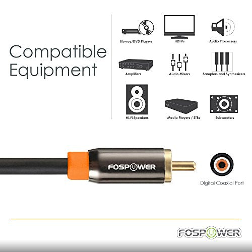 FosPower Digital Audio Coaxial Cable [24K Gold Plated Connectors] Premium S/PDIF RCA Male to RCA Male for Home Theater, HDTV, Subwoofer, Hi-Fi Systems - 3ft/2Pack | Digital audio coaxial S/PDIF cable featuring 24K gold-plated RCA male connectors for home