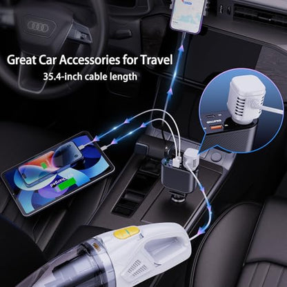 OHLPRO Retractable Car Charger Cigarette Lighter Adapter, 168W 5 in 1 Fast Phone Charging Built-in Replaceable Fuse, Socket Splitter with USB C and USB i Cord, Fit for Phone iPad Galaxy GPS, Black - size: USB-C+USB-i