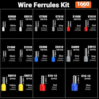 Preciva Ferrule Crimping Tool Kit with Wire Stripper, Quadrilateral Ferrule Crimper for AWG 28-5（0.08-16mm²） Self-Adjustable Ratchet Ferrule Terminals Crimping Tool with 1660Pcs Ferrules Connectors - size: Quadrilateral Ferrule Crimping Tool Kit
