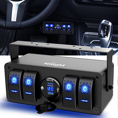 Nilight 4 Gang Rocker Switch Box with QC3.0 Dual USB Charger Voltmeter - color: Blue+Box, size: 4+1 Gang Dual USB