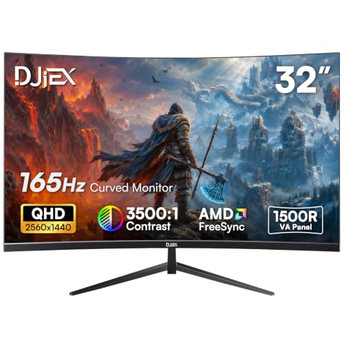 32 Inch Curved Gaming Monitor, QHD 1440P, 165Hz | VA Computer Screen, 1500R, 3500:1 Contrast Ratio, 98% sRGB, HDR10, 16.7M, Frameless Design for PC and Console, HDMI, DP, VESA - size: 32 inch