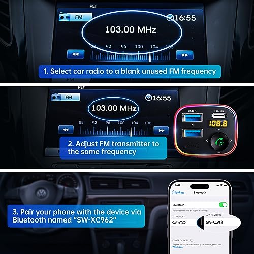 Syncwire Bluetooth 5.4 FM Transmitter Car Adapter 48W (PD 36W & 12W) [Light Switch] [Hi-Fi Deep Bass] [Fast Charge] Wireless Radio Music Adapter LED Display Hands-Free Calling Support USB Drive, Red - color: Red, style: 48W