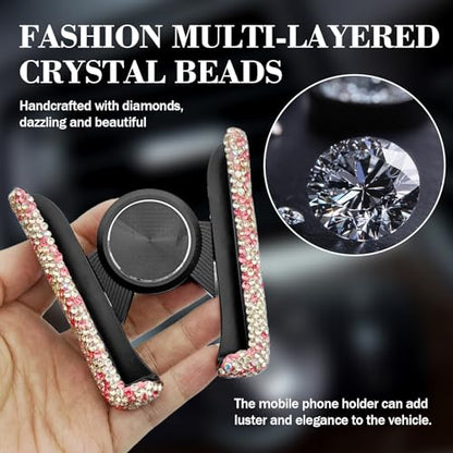 Bling Rhinestone Car Phone Holder, Mini Universal 360° Adjustable Auto Mount For Dash & Air Vent, Crystal Car Accessories For Women & Girls (Pink) - color: Pink