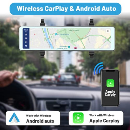 11.26 Inch Dashcam Front and Rear View Mirror Camera, Wireless CarPlay Android Auto Screen, Rearview Mirror Dash Cam with Bluetooth/Dual Cameras/AUX/Split Screen/Voice Control/1080P Backup Camera - style: 11.26 Inch+Backup Camera
