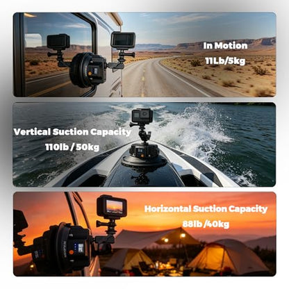 4.5" Electric Camera Suction Cup Mount with Ball Head Arm & Adapter, Heavy-Duty Metal Car Mount for Camera/Action Camera/Phone, 50KG Suction for Car Windshield/Boat/Window, 1/4" 3/8" Threads - size: 4.5 inch