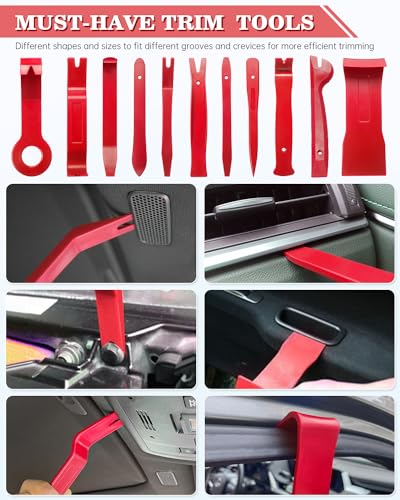 Poraxy 19Pcs Trim Removal Tool,Car Panel Door Audio Trim Removal Tool Kit, Auto Clip Pliers Fastener Remover Pry Tool Set with Storage Bag - color: Red
