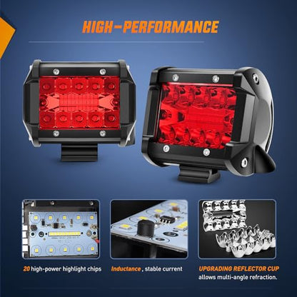Nilight 4 inch LED Light Pod Red Triple Row 2PCS 60W Flood Spot Combo Driving Fog Lights Fishing Hunting Emergency Safety Signal Deck Trailer Lighting for UTV Pick-up Van Boat Tractor - color: Red Led Pods