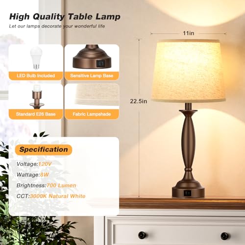 Bedroom Lamps for Nightstand, 3 Way Dimmable Brown Bedside Lamps with USB - color: I. Beige Shade & Brown Base, size: Medium（22.5 In）