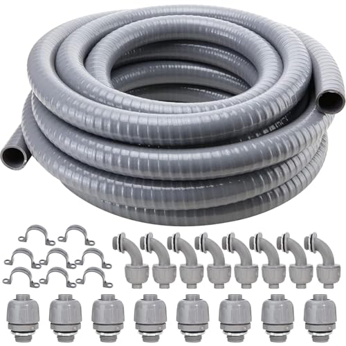 DWALE Liquid-Tight Conduit and Connector Kit,Flexible Non Metallic Liquid Tight Electrical Conduit,1/2inch 25ft Electrical Conduit Kit,with 8 Straight and 8 Angle Fittings Included,1/2 in. Dia - size: 25FT-1/2"