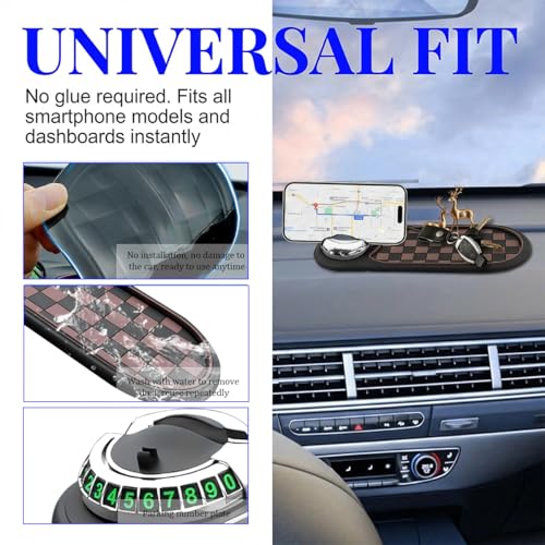 HZEL Car Dash Anti-Slip Pad, 3 in 1 Rotating Vehicle Dashboard Mat with Temporary Parking Number, Anti-Shake Auto Phone Sunglasses Keys Holder Organizer Pad, Universal Fit (Black/Brown/Silver) - color: Black/Brown/Silver