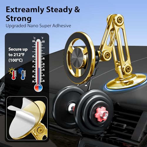 Ultra Magnetic Long-Arm Phone Holder Stand, Fits for MagSafe Car Mount Bracket【Windshield+Vent+Dash】, 360° Rotation Adjustable Strong Magnets Car Mount Desk Office Phone Cradle Holder, Gold - color: Gold