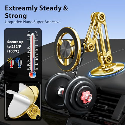 Ultra Magnetic Long-Arm Phone Holder Stand, Fits for MagSafe Car Mount Bracket【Windshield+Vent+Dash】, 360° Rotation Adjustable Strong Magnets Car Mount Desk Office Phone Cradle Holder, Gold - color: Gold