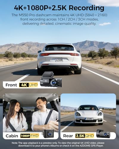 AZDOME 3 Channel Dash Cam Front and Rear Inside, 4K+1080P+2.5K ADAS Dash Cam, 3.19'' IPS Car Camera, 5.8G WiFi GPS Dash Cam for Cars, Voice Control, Night Vision, 24/7 Parking Mode, 64GB Card M550 Pro - color: Matte Black