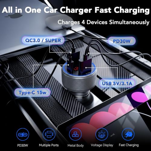 4-Port USB C Car Charger with 3.3ft USB C Cable, 78W Metal Fast Charging Car Charger Adapter with Voltage Display, Aluminum Alloy Car Phone Charger for iPhone 17/16/15 Pro Max, Samsung Galaxy, iPad
