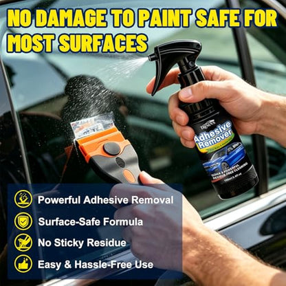 Adhesive Remover, Sticker Remover for Car Paint & Glass – Spray that Dissolves Decal, Glue & Tape Residue, Safe on Surfaces, Removes Sticky Labels, Includes Scraper, Spatula & Towel, 3.4oz/100ml