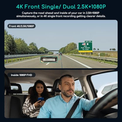 COOAU D30S 4K Dash Cam with GPS Wi-Fi, Front and Inside Dual 2.5K 1080P, Uber Car Camera with Infrared Night Vision, Supercapacitor, 4 IR LEDs, G-Sensor, Parking Mode, Loop Recording