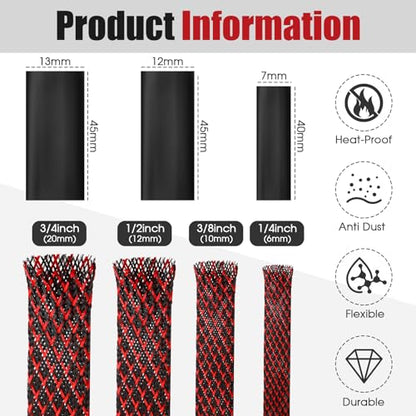 Tatuo 65.6 ft Braided Cable Sleeve Expandable Wire Sheathing(Red, Black) - color: Red, Black, size: 65.6 ft