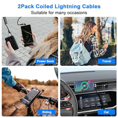 90 Degree Coiled Lightning Cable, 2 Pack iPhone Charger Cable for Apple Carplay [MFi Certified], USB Fast Charging Coiled Lightning Cable Right Angle Compatible with iPhone/iPad/iPod/Car