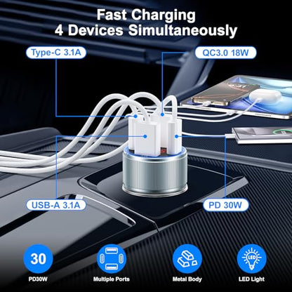 Car Phone Charger for iPhone 17 16 15, Besgoods USB C Car Charger Adapter 4 Ports with Voltmeter PD&QC Fast Charging Cigarette Lighter for Galaxy S25 S24 S23 A16 Dash Cam, with 6ft USB C to C Cable - color: grey charger+white cable