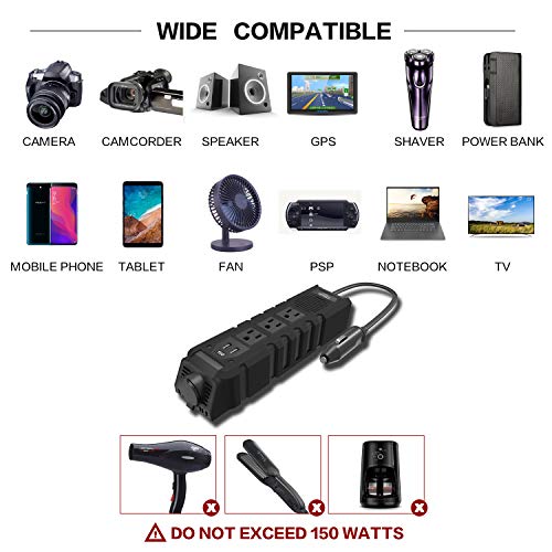 BYGD 150W Car Power Inverter for Vehicles, DC 12V to 110V AC Car Converter - color: 8963BLACK