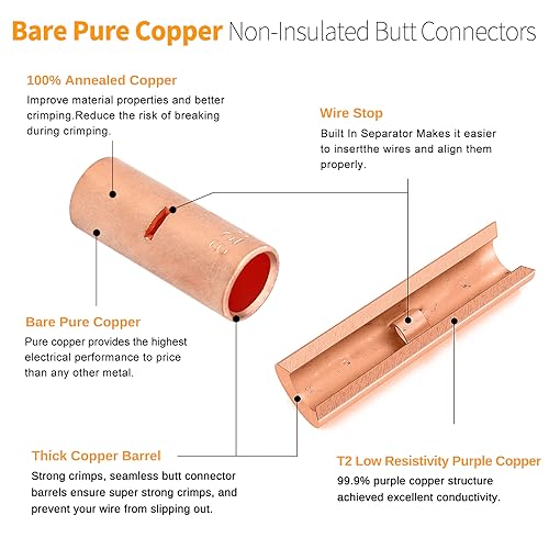 SVAAR 6PCS 0 Gauge Butt Connectors 1/0 AWG Uninsulated Butt Splice Connectors Non Insulated Crimp Butt Splices Kit Bare Pure Copper Seamless Barrel Battery Cable Butt Terminals & 6PCS 3:1 Heat Shrinks