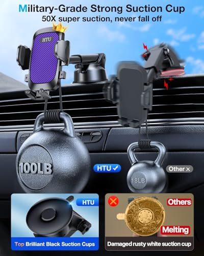HTU Car Phone Holder【2026 Upgraded 100+LBS Suction & Safety Cert】 Cell Phone Car Mount for Truck Heavy Duty Phone Holder for Dashboard/Windshield/Vent for iPhone 17 16 Pro Max, Purple - color: Purple