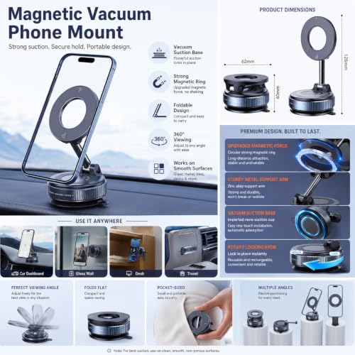 Magnetic Car Phone Mount, Vacuum Suction Cup MagSafe Cell Holder, Foldable Premium Zinc Alloy 360° Rotating Dashboard Windshield Desk Mount for Navigation and Live Streaming - color: Magnetic Car Mount Phone 1