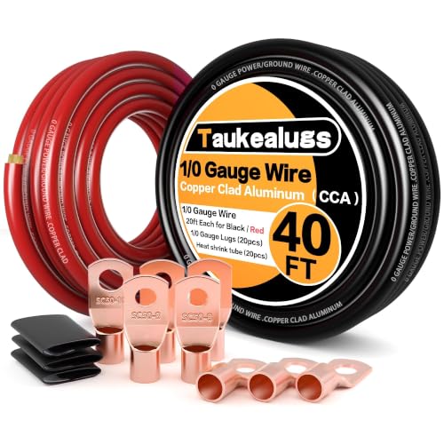 40FT 1/0 Battery Cable 0 Gauge Wire with Terminals Kit for Amp Wiring Kit - color: W/ Lugs Only