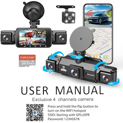 4 Channel Dash Cam 360° View, TOPGOOSE 2K FHD Front and Rear Inside, Left Right Dash Camera for Cars, 5G WiFi & APP Control, with 64GB SD Card, G-Sensor, 8 IR Lamps Night Vision (3.17 inches) - size: 3.17 inches