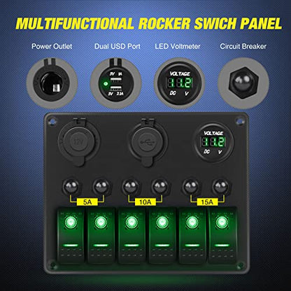 Nilight 6 Gang Rocker Switch Panel On Off Toggle Resettable Circuit Breaker - color: Green, size: 6+3 Gang Dual USB