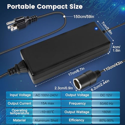 110V AC - DC 12V 컨버터 15A 180W, 담배 라이터 어댑터 벽 플러그 100-240V, 자동차 충전기 - 벽 플러그 어댑터 변압기 전원 공급 장치 대시 캠, 팽창기, 진공, 자동차 냉장고, 자동차 장치용 - size: 12V15A 180W
