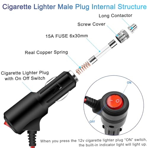 12V Cigarette Lighter Plug With Switch On Off 2PACK Car Cigarette Lighter Plug Replacement With Leads, 12V Male Cigarette Lighter Plug Adapter 2FT For Car Truck Motorcycle (2*Spare Fuse) - size: 2FTx2