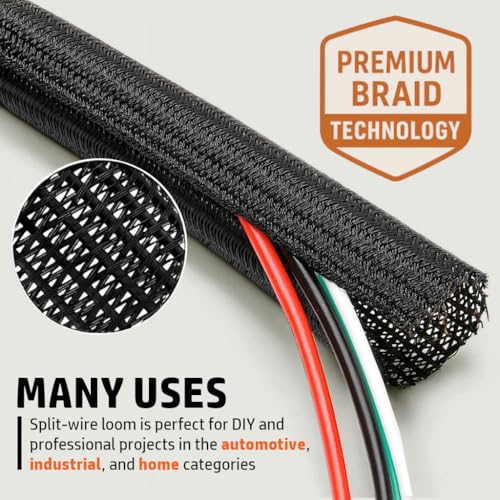 MGI SpeedWare Braided Split-Sleeve Wire Loom for High-Temperature Automotive Harness and Home Cable Management 10 feet (1/8") - color: Black, size: 1/8" - 10ft