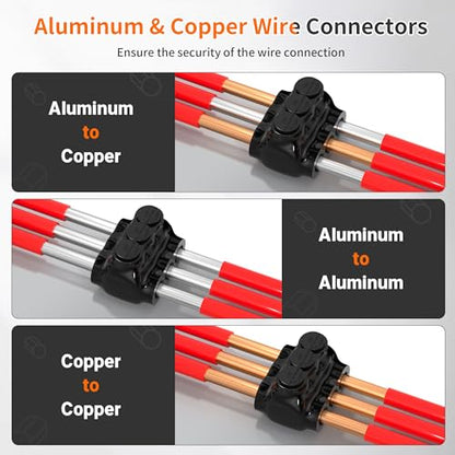 Joinfworld 3 Port Insulated Multi Tap Connector 250MCM-6 Gauge Wire Connectors Aluminum to Copper Wire Connectors Dual Entry Black Electrical Cable Connectors with Slotted Allen Hex - 4 Pack - size: 250MCM-6 AWG