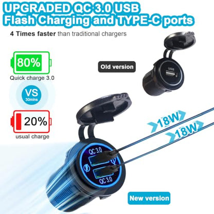 Upgraded 5 Gang Rocker Switch Panel - Dual QC 3.0 USB Charger, Digital Volmeter, 12V Outlet, Pre-Wired with Circuit Breakers for RV/Car/Boat/Truck, 2-Year Warranty (Blue) - color: Blue + Dual QC USB Charger