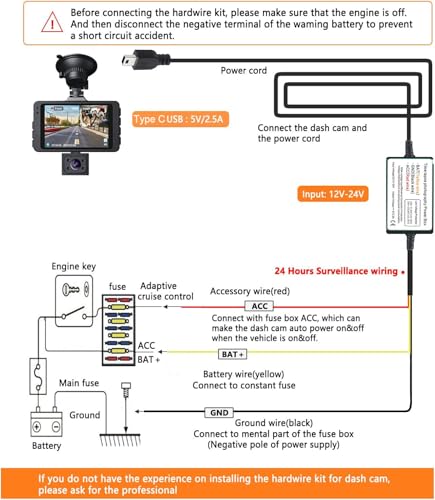 Gebildet Dash Cam Hardwire Kit, Car Dash Camera Mini Charger Hard Wire Kit for Dashcam DC 12-24V to 5V/2.5A Low Voltage Protection 24h Parking Surveillance with Fuse Tap - style: Mini -3 wire with fuse tap