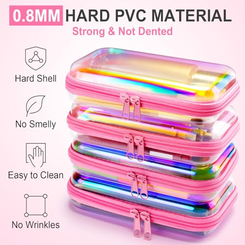 Hoolerry 4 Pcs Hard Clear Zipper Case,Clear,7.5 X 3.9 X 2 In,Pink Laser - color: Pink Laser, size: 7.5 x 3.9 x 2 in