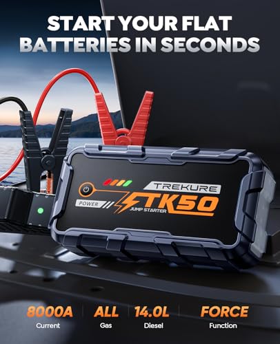TREKURE Car Battery Jump Starter 8000A 26800mAh, Portable Car Jump Starter for All Gas and 12L Diesel Engines, Power Bank & Battery Jumper, Portable Jump Box Car Battery with Fast Charge, LED Light - color: Gray-blue