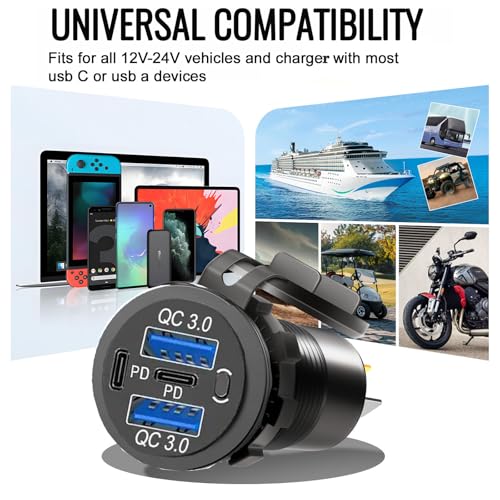 12V USB Charger with 4 Ports, Quick Charge 3.0 Ports 12V USB Outlet with Switch for Marine, Boat, Motorcycle, RV, Golf Cart (Pack of one)