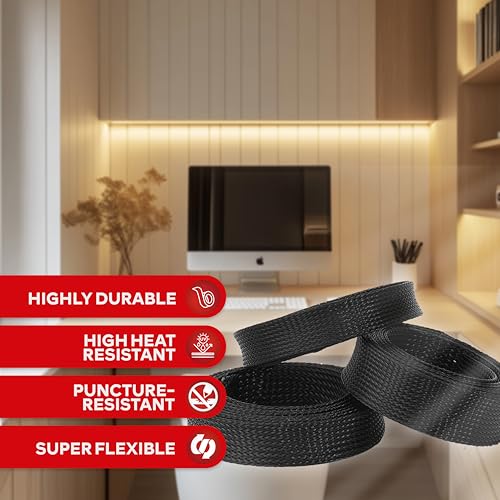 XFasten Cord Protector 1/2 Inch 25ft - PET Expandable Braided Cable Sleeve - Pet Chew Proof Wire Loom for Audio, Video, PC, TV, Automotive Wire Management, Puppy, Cat Proof Black Cable Wrap for Cords